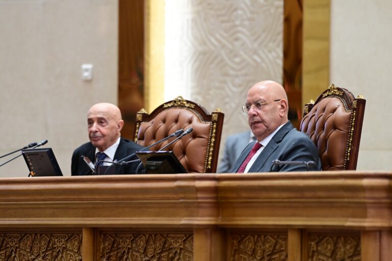 القاهرة تؤكد دعم وحدة ليبيا خلال زيارة عقيلة صالح للبرلمان رئيس مجلس النواب هشام بدوي على المنصة وبجواره عقيلة صالح رئيس مجلس النواب الليبي - البرلمان المصري
